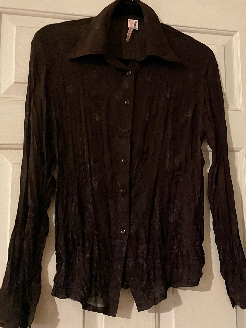 By Deep Los Angeles Vintage Crinkle Embroidered Button Down Top Small Brown
